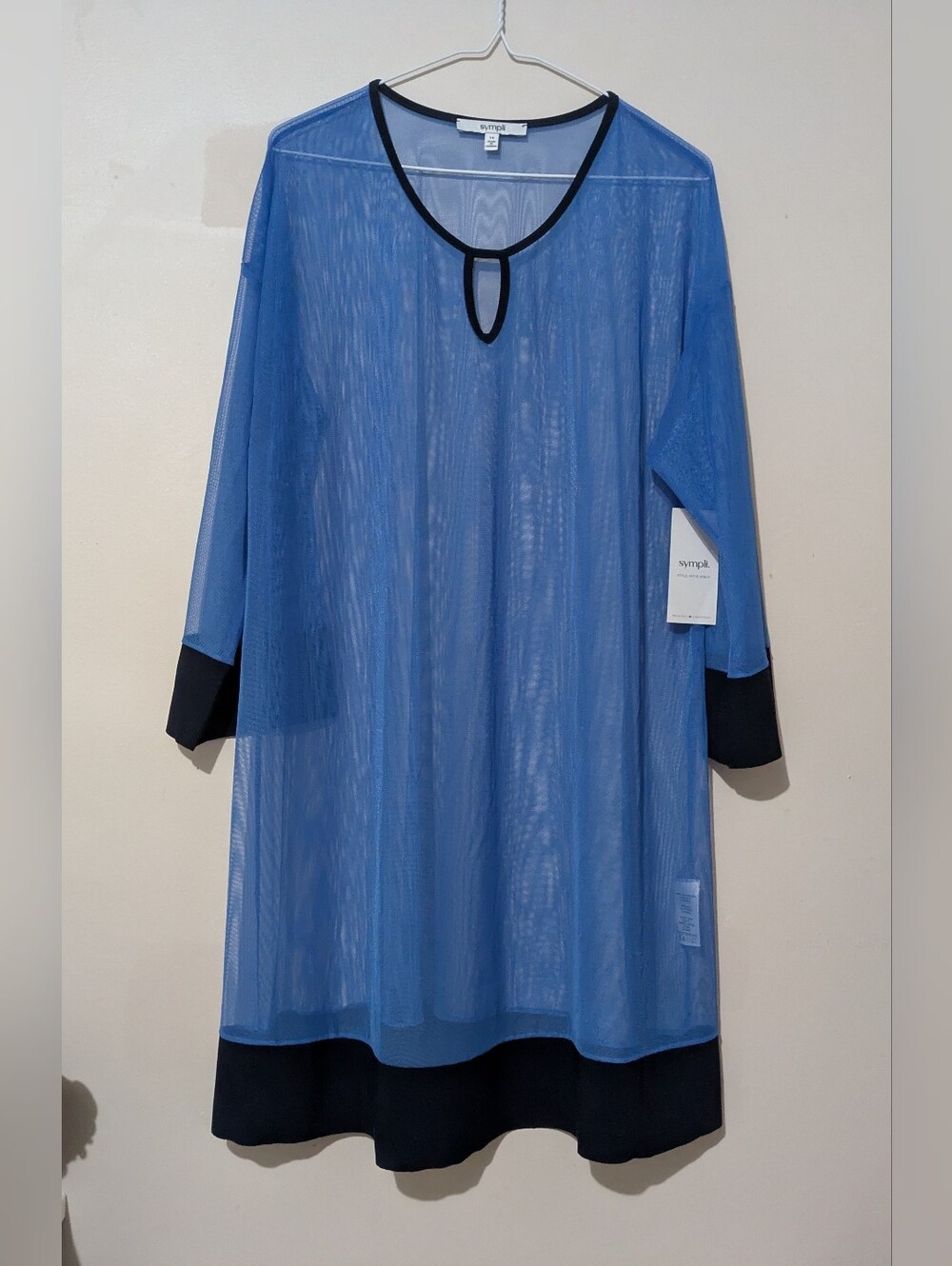 Sympli Sheer Marine Blue Mesh Tunic with Black Trim & Keyhole Size 16 New!